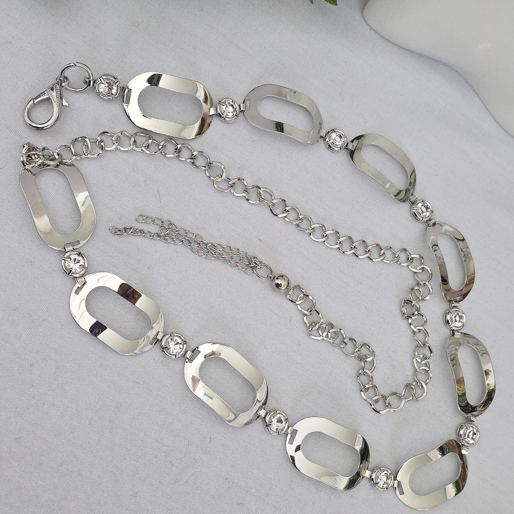 Silver Chain Belt Oval Link With Rhinestones New